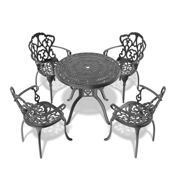 English Elm 5-piece Cast Aluminum Outdoor Dining Set with Relief Carved Frame and All-weather Cushions W1710S00543