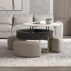 English Elm Vita Modern 31.5" Round Lift-Top Coffee Table Set with Iron Legs and Storage Shelves, Stylish Black,Light beige B341S00043