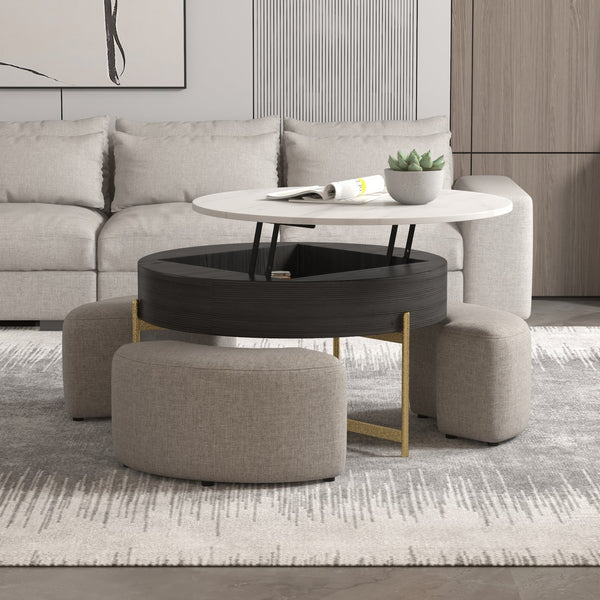 English Elm Vita Modern 31.5" Round Lift-Top Coffee Table Set with Iron Legs and Storage Shelves, Stylish Black,Light beige B341S00043