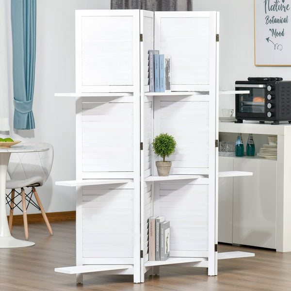 English Elm HOMCOM 4-Panel 67" Wood Privacy Screen Room Divider with 3 Removable Shelves, Folding White Decor W2225P200779