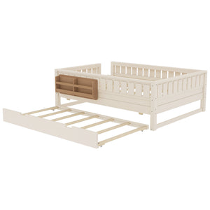 English Elm Twin Kids Platform Bed with Trundle Staircase Bookshelf and Rounded Safety Rails Beige W1580S00559