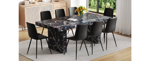 English Elm Table and Chair Set 7 Piece Black Marble Mdf Dining with Pu Leather Seating W1151S04135