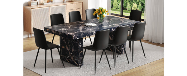 English Elm Table and Chair Set 7 Piece Black Marble Mdf Dining with Pu Leather Seating W1151S04135