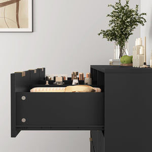 English Elm Black Nine Drawer Wide Dresser Matte Wood Chest with Wavy Relief Panels Bedroom Storage Black W409P307541