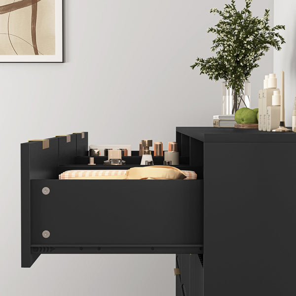English Elm Black Nine Drawer Wide Dresser Matte Wood Chest with Wavy Relief Panels Bedroom Storage Black W409P307541