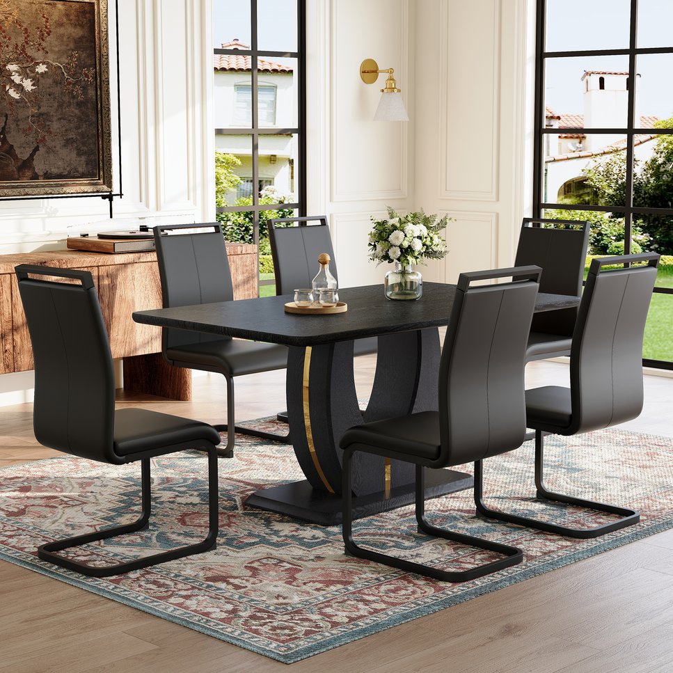 English Elm Black Wood Grain Rectangular Dining Set Seats 6 with Pu Leather Chairs Modern Style W1151S04440