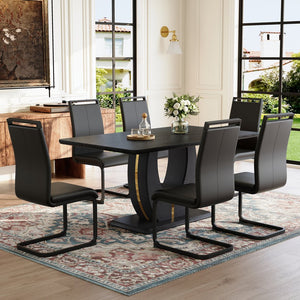 English Elm Black Wood Grain Rectangular Dining Set Seats 6 with Pu Leather Chairs Modern Style W1151S04440