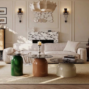 English Elm Nesting Coffee Tables Set of 3 Round Tempered Glass Top Steel Base Living Room W2920S00148