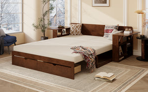 English Elm Queen Daybed with Hydraulic Desk Storage Drawers and Convertible Sofa for Small Spaces Espresso LT000272AAP