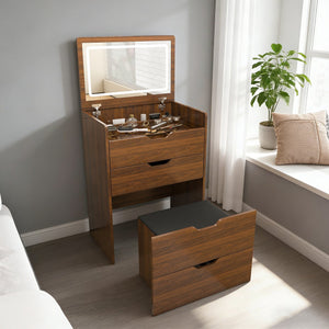 English Elm 3-in-1 Walnut Vanity Desk with Led Lighted Flip Mirror Stool Compact Bedroom Station W2699P404629