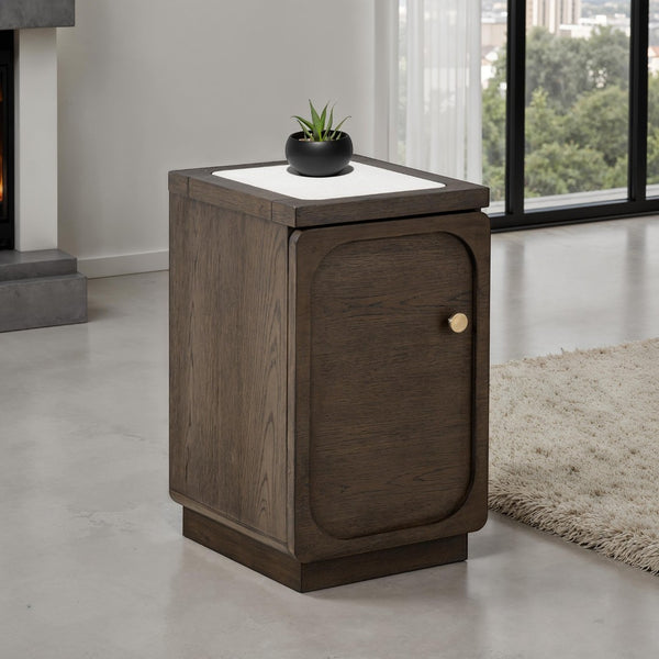 English Elm Transitional Side Table With Quartz Top & Usb Port - Dark Walnut Finish, Gold Knob, Elegant Design B2741P404272-GIGA
