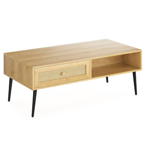 English Elm Mid-Century 47" Rectangular Coffee Table with Rattan Drawer, Open Shelf & Metal Legs for Living Room Natural T3623P380015