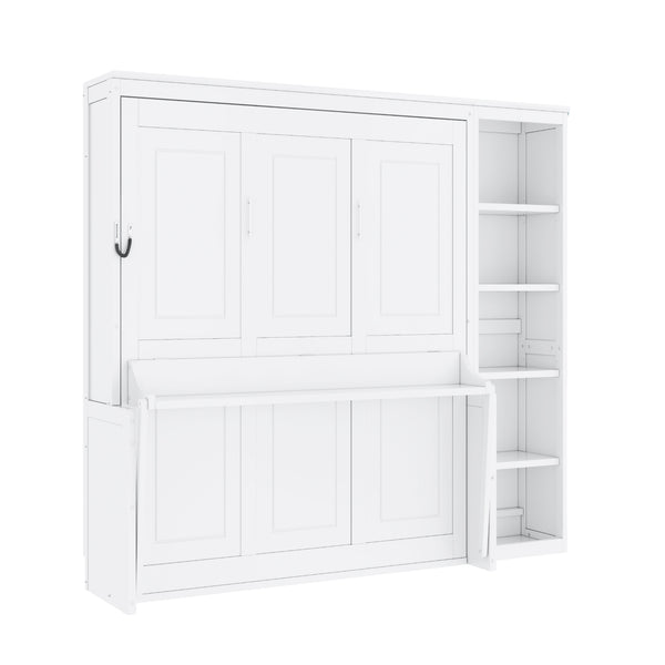 English Elm Full Murphy Bed with Storage Cabinets and Shelves, Space-Saving Wooden Wall Bed with 600lb Capacity White N7090004015K