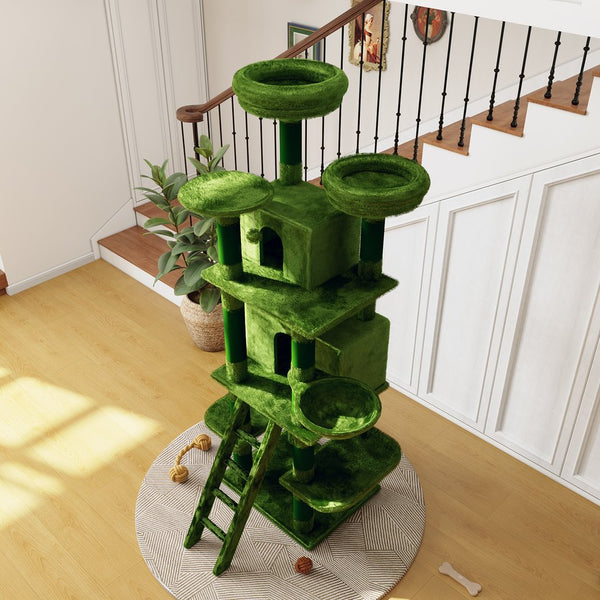 English Elm Large 7 Tier Plush Cat Tree with Dual Condos Hammock Sisal Posts for Multi Cat Homes Green W1578P447622