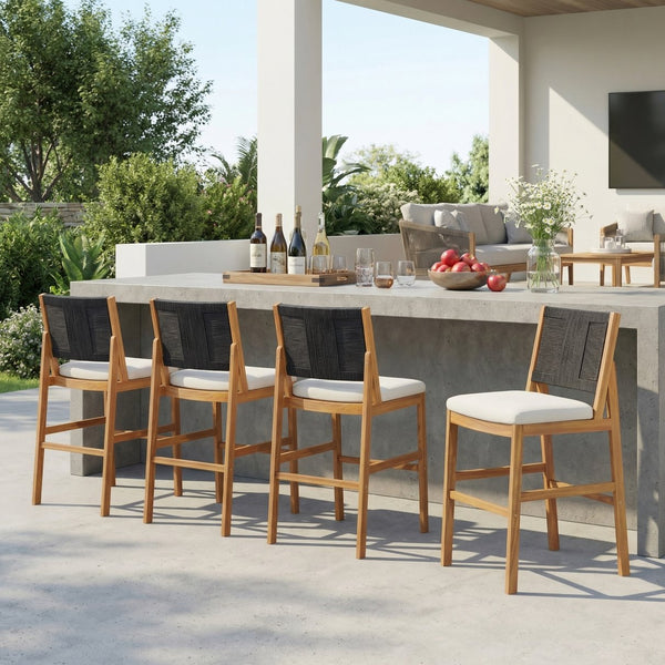 English Elm 4 Piece Outdoor Acacia Wood Wicker Bar Stools Set with Cushioned Patio Seating Black,Cream,Teak N773OB00131R