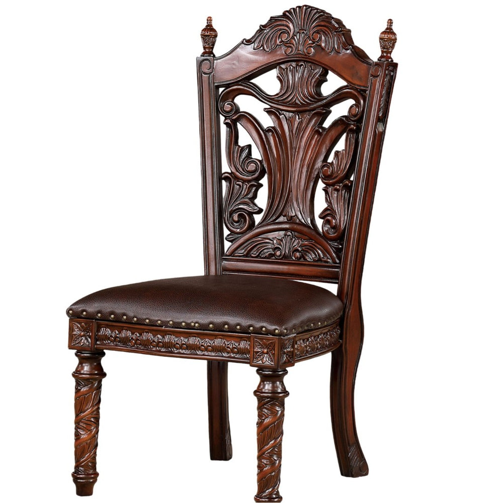 English Elm Traditional Side Chairs Set Of 2 - Brown Cherry Leatherette Seats With Carved Wood Details, Elegant Dining B011P234703-GIGA