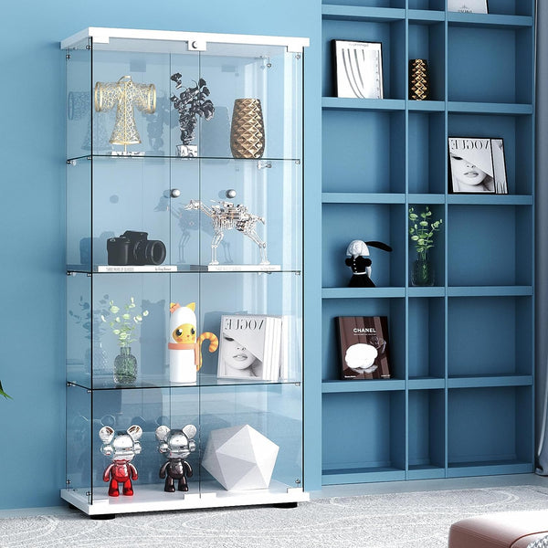 English Elm Glass Display Cabinet Four Shelf Lockable Tempered Curio Case with Led Lighting W1192S00001