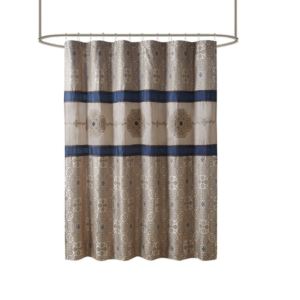 JLA Home Madison Park - Embroidered Jacquard Shower Curtain with Medallion Motif, Color-Blocked Texture & Rust-Resistant Grommets Navy MP70-7543