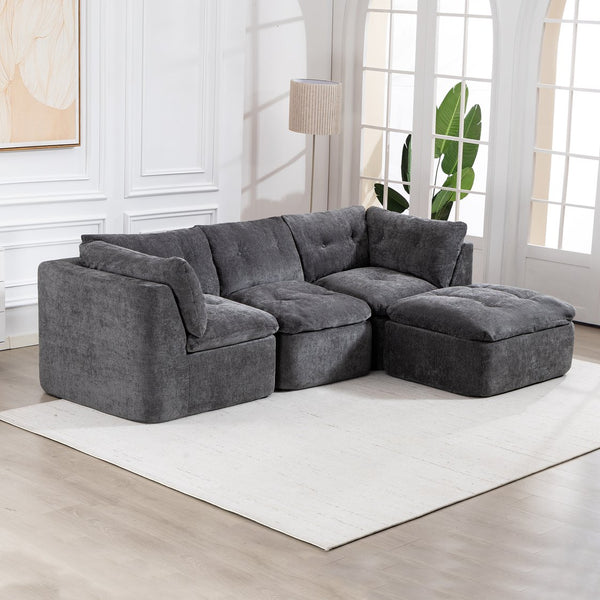 English Elm Modern Chenille Cloud Sectional with Ottoman Deep Sink Modular L Shaped Living Room Sofa Dark Grey W2379S00004