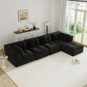 English Elm Modern Corduroy Sectional Sofa with Movable Ottoman Deep Seat Tufted Living Room Couch Black W714S01793