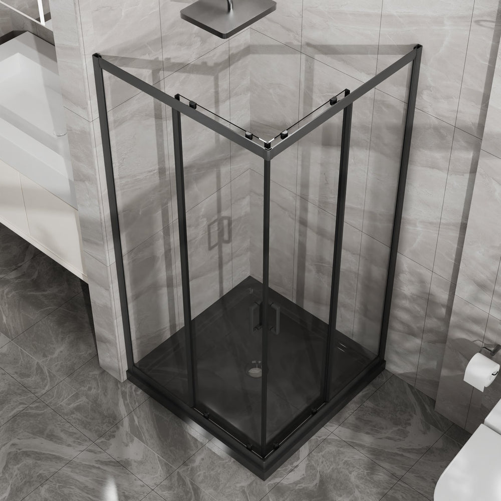 English Elm Goodyo Corner Shower Stall Tempered Glass Sliding Door Matte Black Base Included W1223S00041