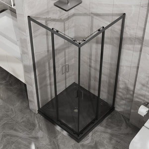 English Elm Goodyo Corner Shower Stall Tempered Glass Sliding Door Matte Black Base Included W1223S00041
