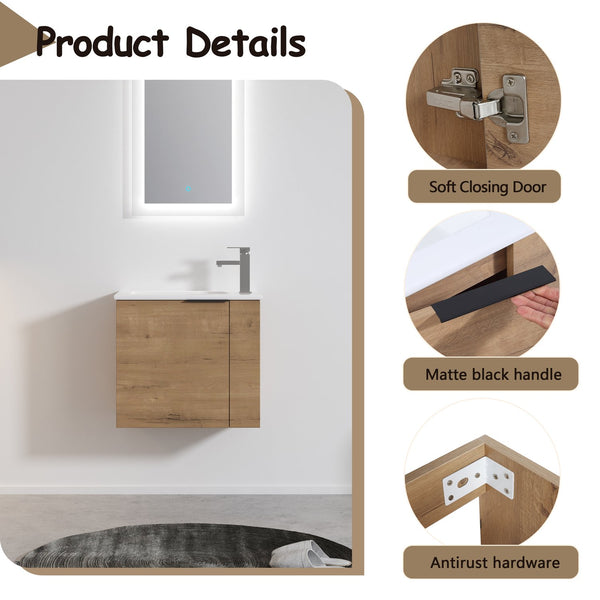 English Elm Bathroom Vanity Ceramic Sink 22" Floating Wall-Mount Vanity with Matte Black Handle and Soft Close Door Imitative Oak W99968770