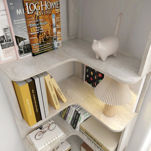 English Elm 6 Tier Freestanding L-Shaped Corner Bookshelf with Anti-Tip, Rounded Corners, 3D Wood Grain Finish Light Gray W2899P372517
