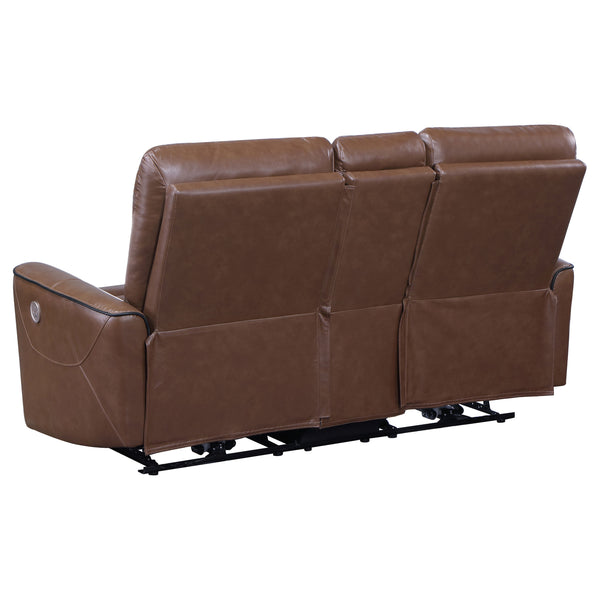English Elm Denson Saddle Brown Power Reclining Loveseat with Console, Cup Holders & Easy-Care Leatherette Comfort B062P353262