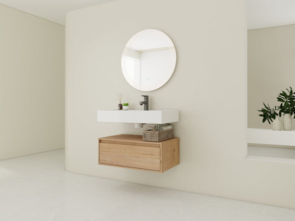 English Elm 30-Inch Wall-Mounted Bathroom Vanity With Resin Sink, Soft-Close Drawer, Modern Oak Finish Design W999S00256