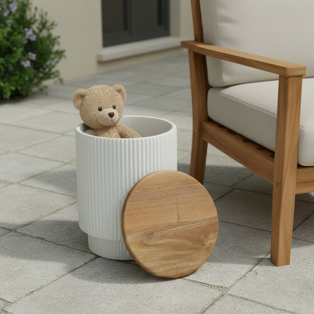 English Elm Outdoor Mgo Cylindrical Storage Table with Acacia Wood Lid for Patio Use N772P408191W