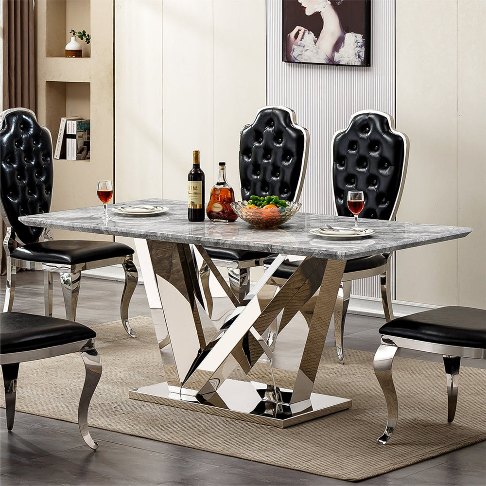English Elm Marble Dining Table For 6 - 70'' Rectangular Faux Marble Top & Mirrored Stainless Steel Base W3456S00043