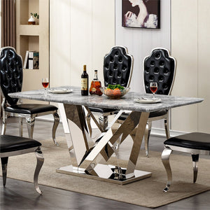 English Elm Marble Dining Table For 6 - 70'' Rectangular Faux Marble Top & Mirrored Stainless Steel Base W3456S00043