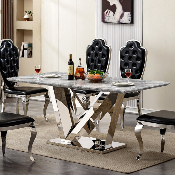 English Elm Marble Dining Table For 6 - 70'' Rectangular Faux Marble Top & Mirrored Stainless Steel Base W3456S00043