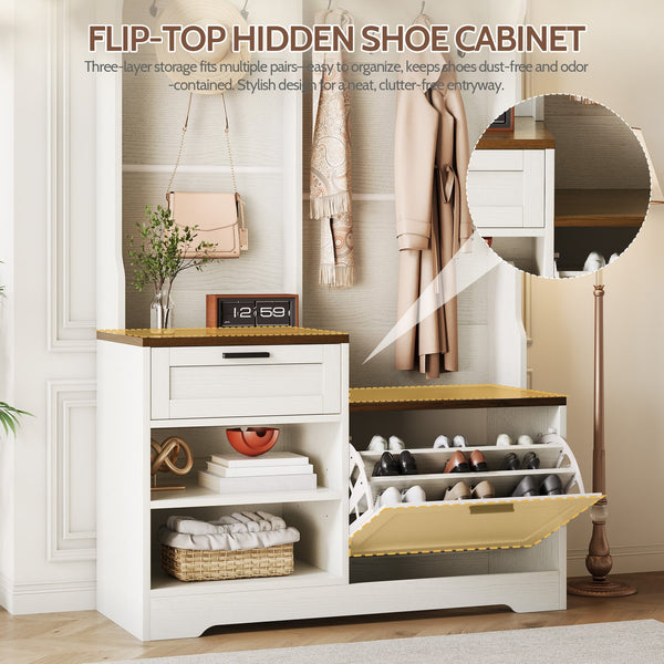 English Elm Hall Tree Entryway Organizer with Bench Seat Shoe Cabinet and Coat Hooks Mdf Farmhouse White+Walnut T5618P448218