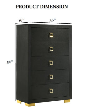 English Elm Modern Sleek 5-Drawer Chest with Gold Square Pulls and Metal Bracket Legs for Luxe Bedroom Storage Black 19 L x 34 W x 52 H B2741P370836