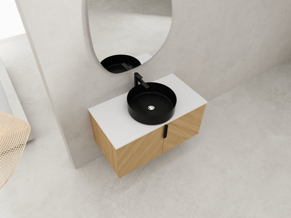 English Elm 36" Bathroom Vanity With Ceramic Vessel Sink & White Stone Top - Modern Wall-Mounted Design, Soft-Close Doors W999S00449