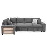 English Elm 109" U-Shaped Sectional Sofa Pull-Out Sofa Bed With Two Usb Ports, A Storage Chaise Lounge and Four Back Pillows For Living Room, Grey