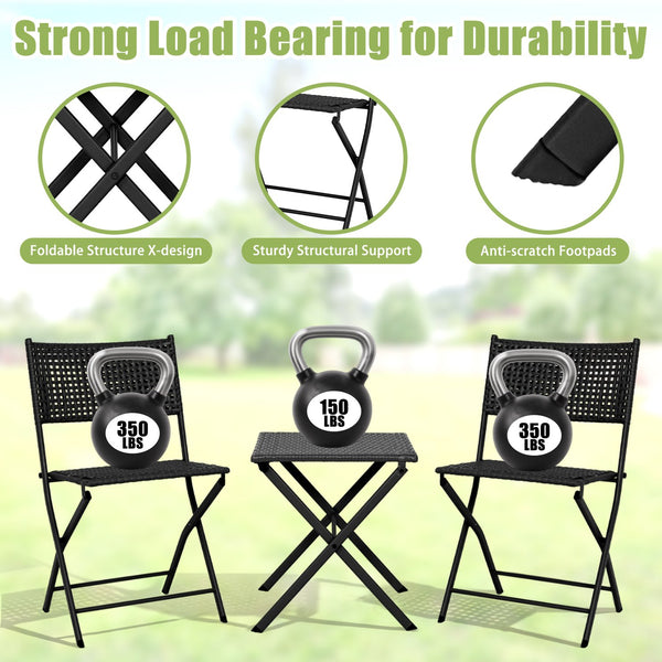 English Elm Patio Folding Bistro Set with E-coated Steel Frame for Balcony Garden Outdoor Dining Black T5880P492161