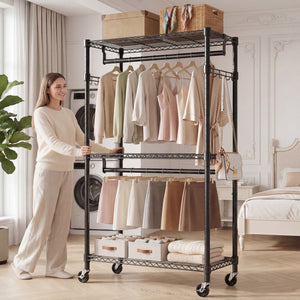 English Elm Heavy Duty Carbon Steel Rolling Garment Rack with Wire Shelving Dual Rods and Side Hooks Black W5386P480840