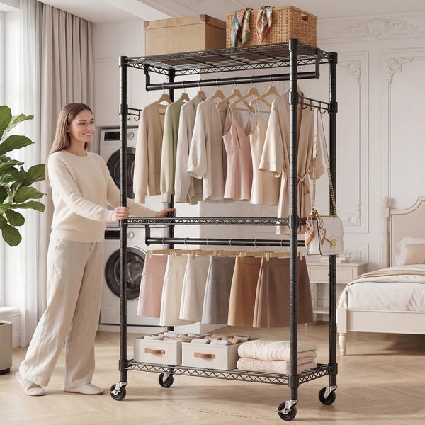 English Elm Heavy Duty Carbon Steel Rolling Garment Rack with Wire Shelving Dual Rods and Side Hooks Black W5386P480840