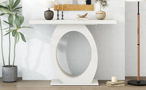 English Elm Mirod Sculptural Console Table Acacia Veneer Gloss Top Egg Base Entryway Accent Beige N760P214780W