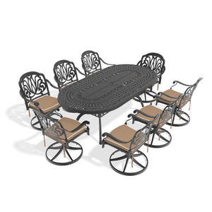 English Elm 9-piece Cast Aluminum Outdoor Dining Set Oval Table Swivel Chairs Carved Floral W1710S00660