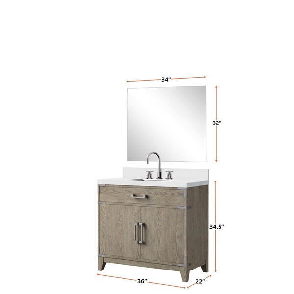 English Elm Grey Oak Single Bath Vanity with White Quartz Top, Chrome Faucet & 34" Mirror — Durable Wood Finish B2731S02012