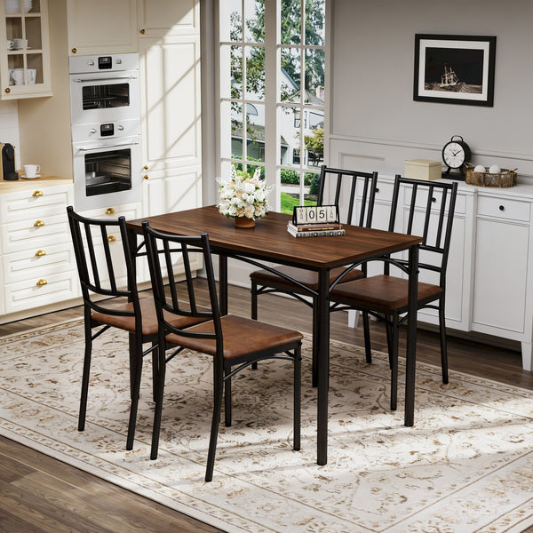 English Elm Dining Set for Four with Steel Frame Chairs and Particleboard Top Industrial Kitchen Walnut W1162P430310