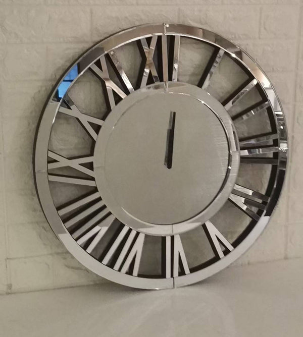 English Elm 24" Mirrored Silver Round Wall Clock with Roman Numerals for Modern Living Rooms W1005P251033