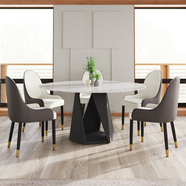 English Elm 59.05" Round Marble Dining Table - Elegant Black Iron Base, Seats 6-8, Modern Sintered Stone Design W1535S00401