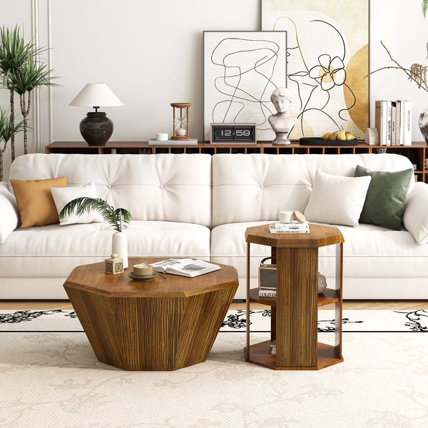 English Elm 31.5 Octagonal Black Rubber Wood Coffee Tables Set of Two – Stylish Living Room Accent, 110lb Capacity Natural W757P203143