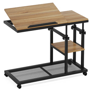 English Elm Mobile C Shaped Rolling Desk with Tiltable Top Two Tier Shelf and Adjustable Height T3971P461186
