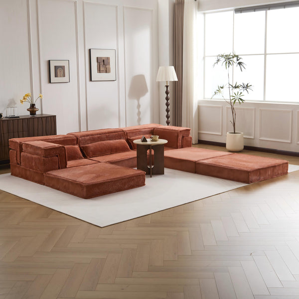 English Elm Compression Modular Sofa Bed - Oversized Convertible Sectional With Plush Fleece & 3 Pillows, Orange W3723S00018